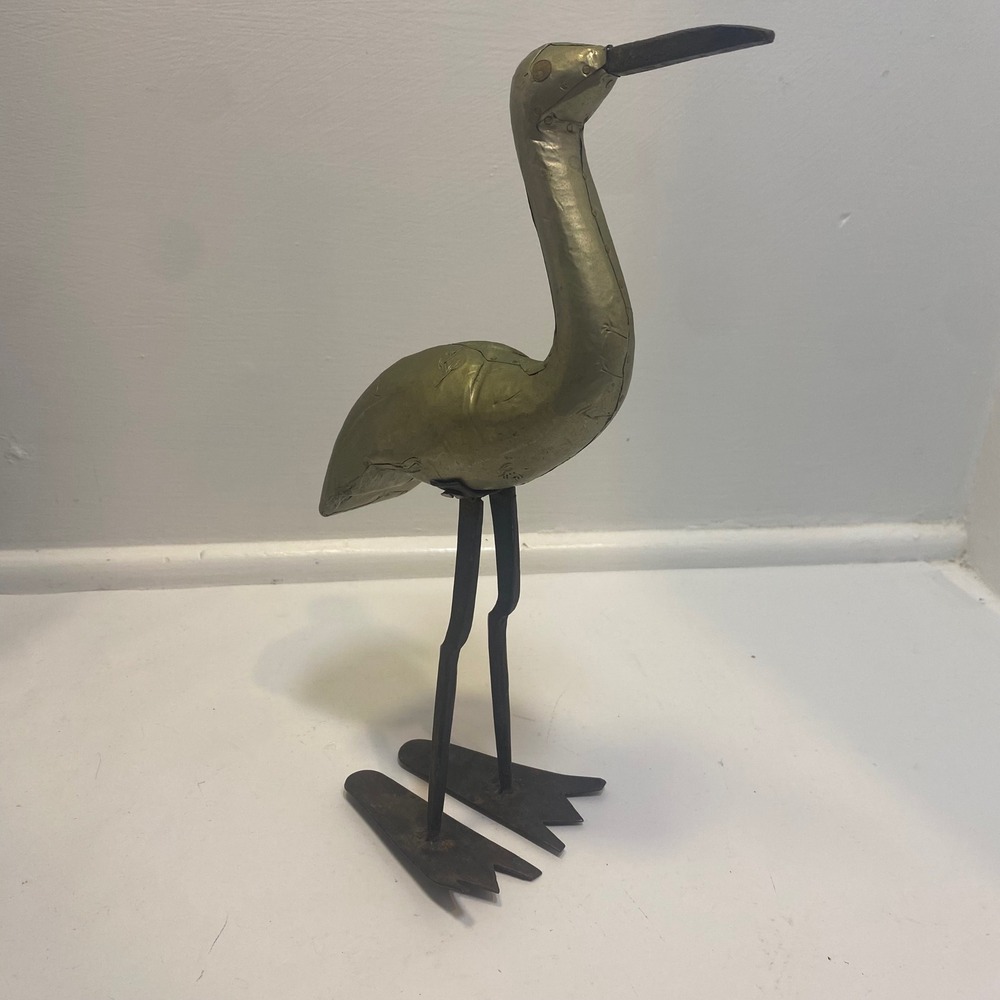Vintage MCM Folk Art Metal Bird Heron Crane Figurine Sculpture Home Decor Accent